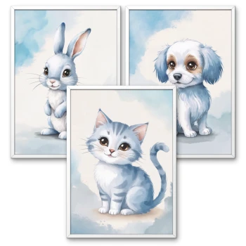 3 obrazki do pokoju dzieciecego 30x40 cm plakaty kotek, króliczek, piesek prezent